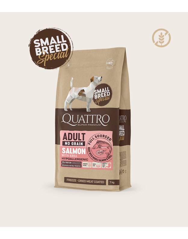 Quattro  small breed adult hipoalerginis maistas su lašiša ir kriliu 7 kg 