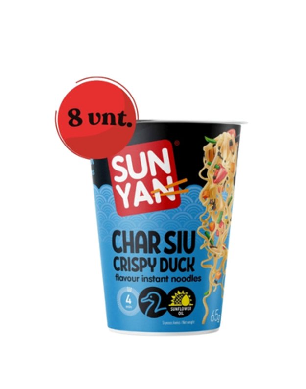 8 vnt. Greitai paruošiamų makaronų SUN YAN  traškios antienos Char Siu skonio po 65g.