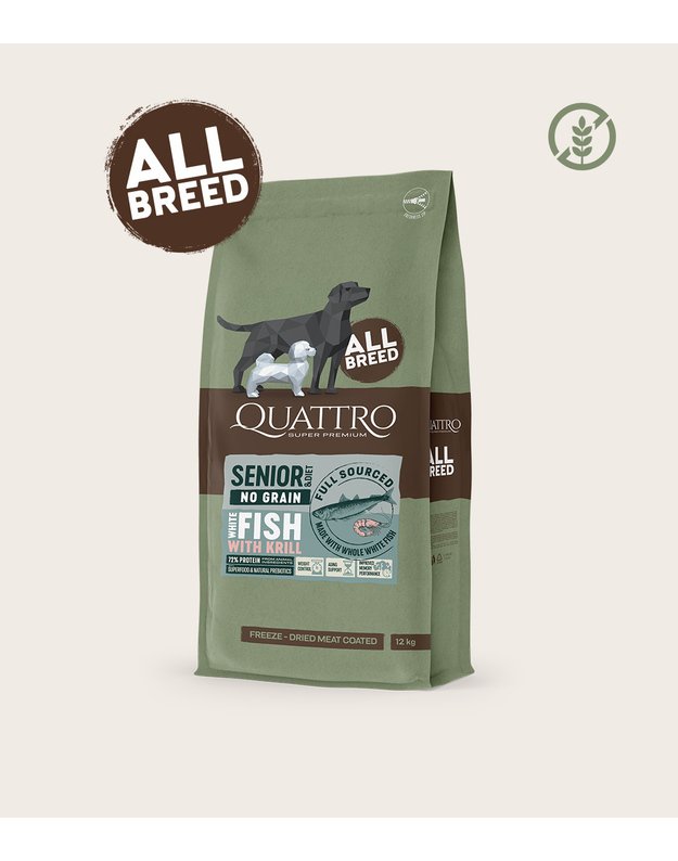 Quattro 3kg  begrūdis visų veislių senjorų/dietinis šunų pašaras su balta žuvimi ir kriliu