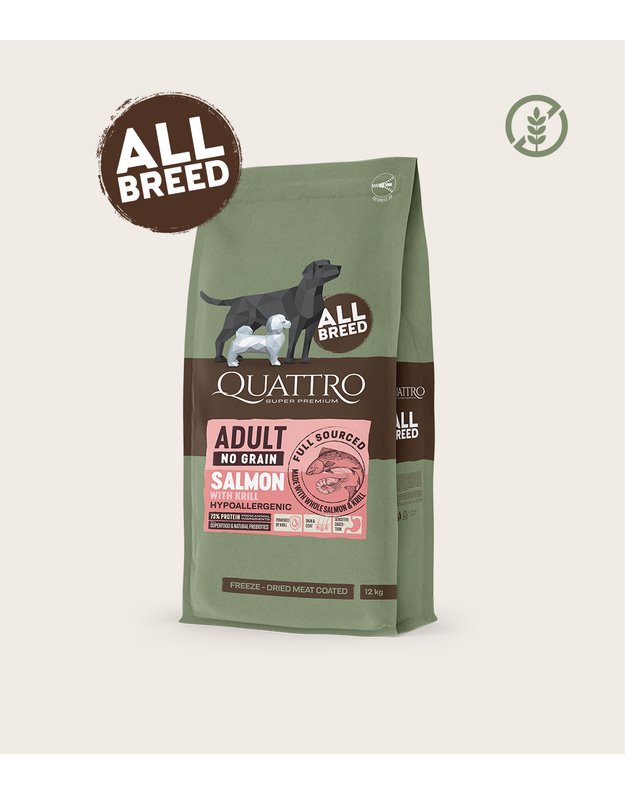Quattro 3kg begrūdis visų veislių suaugusių šunų pašaras su lašiša ir kriliu
