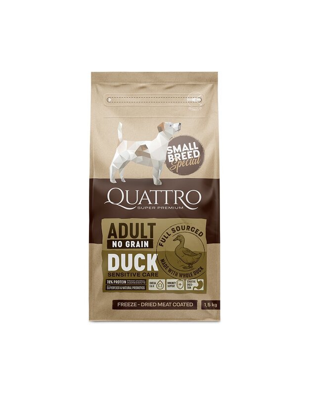 QUATTRO Small breed Adult sausas begrūdis maistas su antiena 1.5 kg