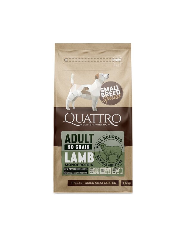 QUATTRO SMALL BREED ADULT SAUSAS BEGRŪDIS MAISTAS SU ĖRIENA 1.5 KG