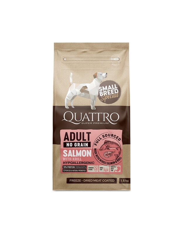 QUATTRO SMALL BREED ADULT sausas begrūdis hipoalerginis maistas su lašiša ir kriliu 7 KG