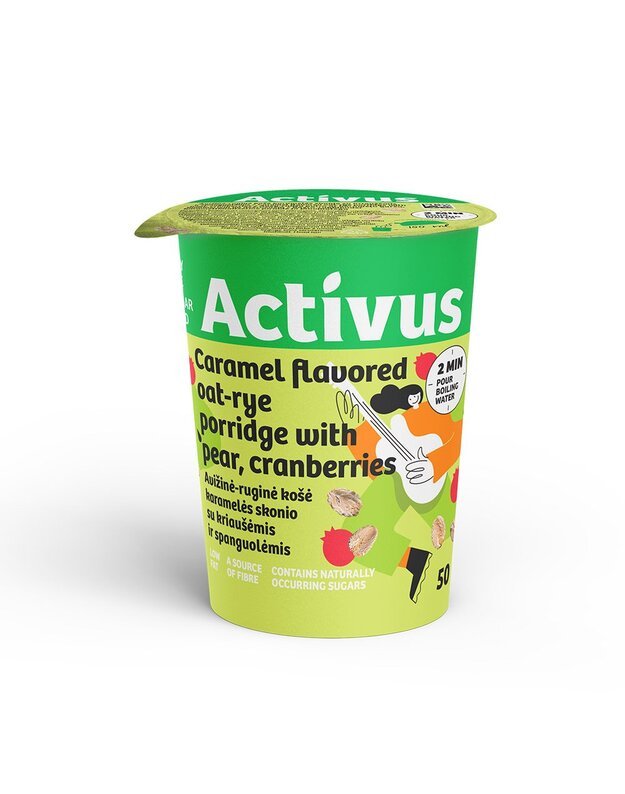 Avižinė-ruginė košė  ACTIVUS  karamelės skonio su kriaušėmis ir spanguolėmis, 50g x 8 vnt.