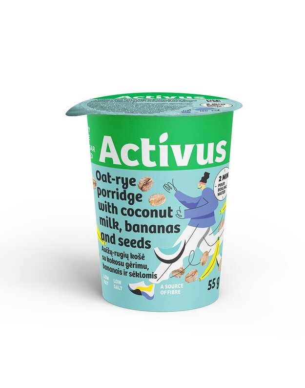 Avižinė-ruginė košė  ACTIVUS su kokoso gėrimu, bananais ir sėklomis, 55g x 8 vnt.