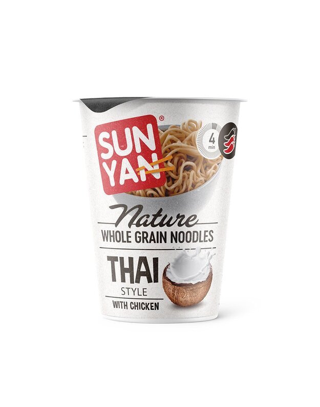 SUN YAN Nature viso grūdo makaronai Tailandietiško skonio su vištiena, 62g x 8 vnt.